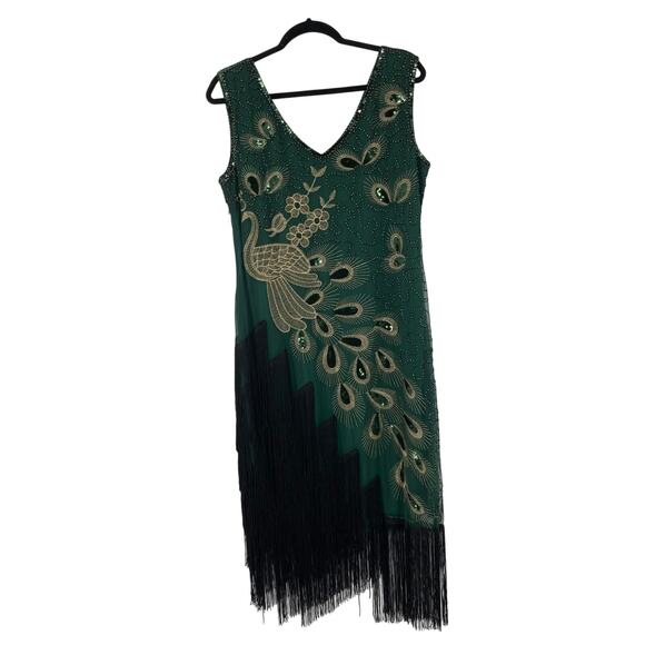 Elegant Black and Green Embellished Mini Dress - Picture 3 of 16